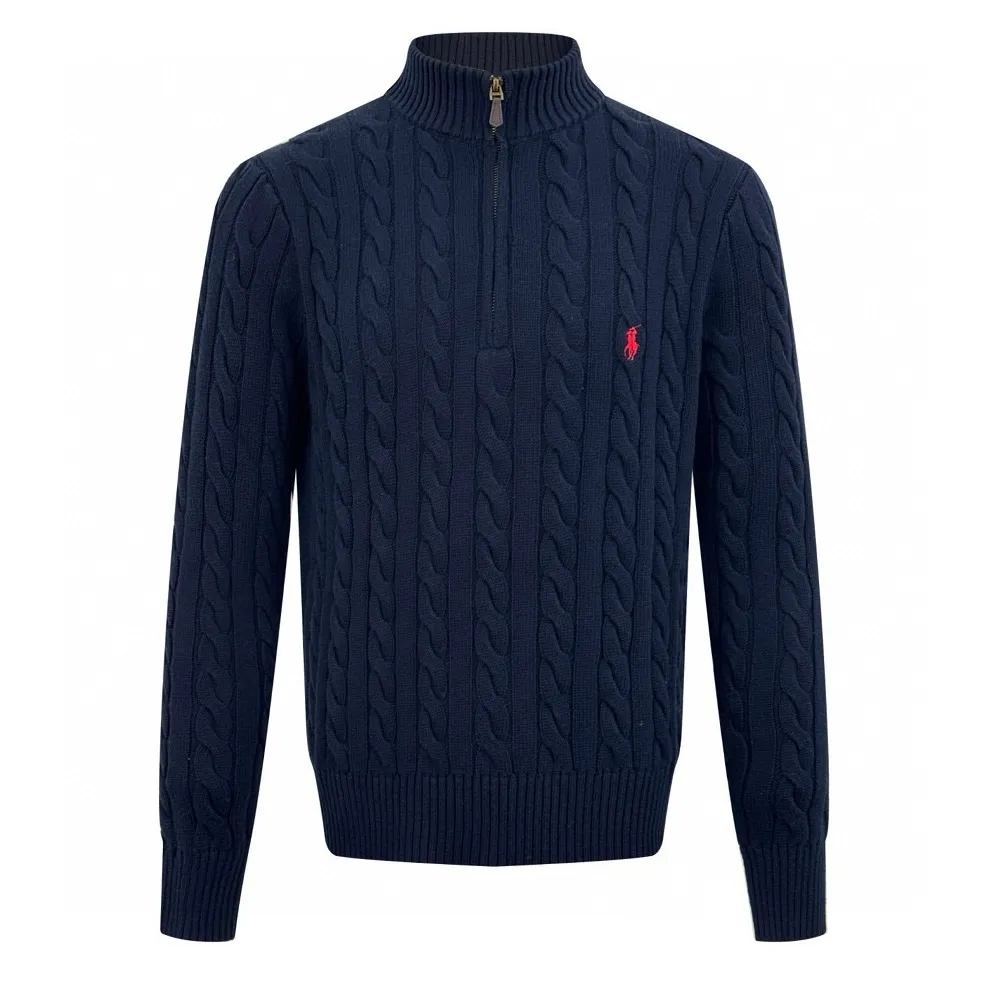 P420 Exclusive supply] Ralph Lauren cable knitted half-zip sweater (navy blue). The original version was purchased for 1,790 and developed. The fabric is made of custom-woven cotton cable knitted thick wool. It has a fine texture and is comfortable and close to the skin. It is mainly made of pure snow-like off-white color and interprets silent elegance. The classic cable knitted structure design injects soul. The arrangement is precise and orderly. The exquisite pony logo is embellished with it. It brings an atmosphere of freedom and vitality and is highly recognizable. The zippered half-high collar design has just the right amount of luxury, interpreting high-end style with unique details and adhering to the timeless elegance and taste. Adopt imported machine embroidery technology, use advanced computer control system and precision mechanical components to achieve the iconic pony embroidery operation with high precision and smooth and delicate lines. Three-dimensional cable knitting uses clever shifting and interweaving of coils to cross-shift adjacent coils to create a twisting effect with smooth and regular lines, which is time-consuming and labor-intensive. Garment washing water softening and deodorizing process uses professional washing equipment and specific detergents to deeply clean and deodorize clothes to improve the feel and appearance of clothes. Size:S/M/L/XL